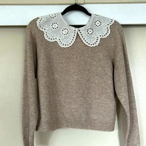 Unique MNG beige wool blend lace collared sweater